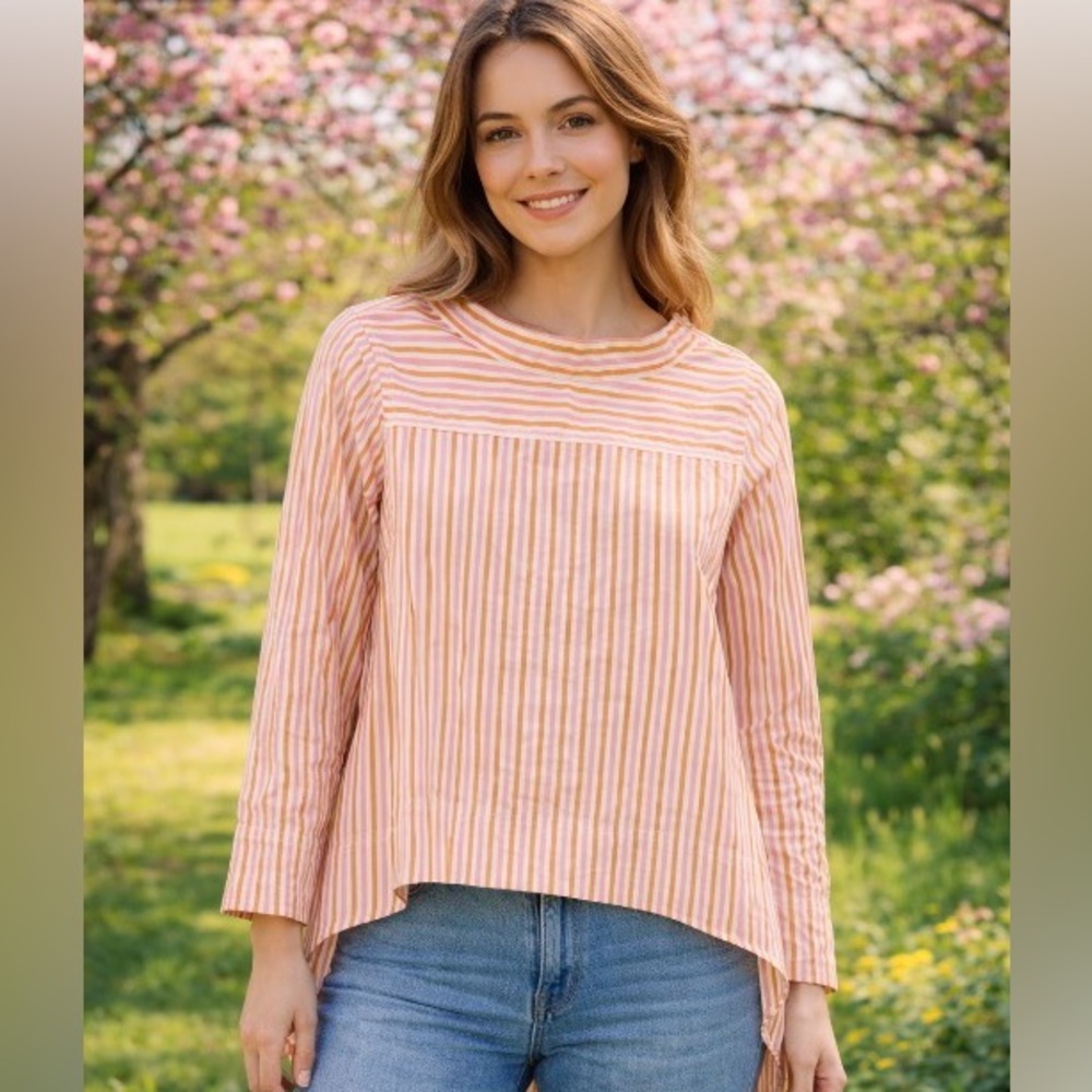 J. Crew Tunic Blouse Pink Brown white  size 2 Striped Long-Sleeve high low hem